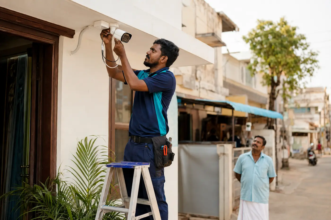 ProTech CCTV technician installing a security camera for a Tamil Nadu home