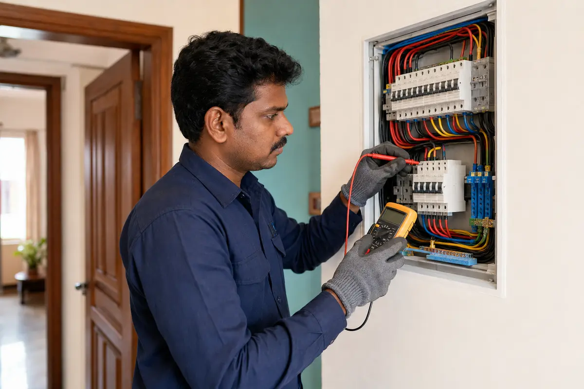 Electrician safely inspecting a distribution board in Tamil Nadu